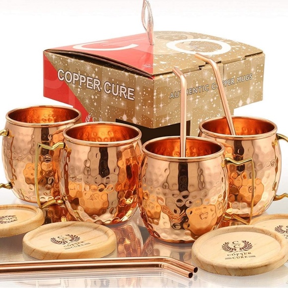 Pure Copper Hammered Mugs with Copper Straws & Wooden Coasters Set of 4 - Picture 5 of 8